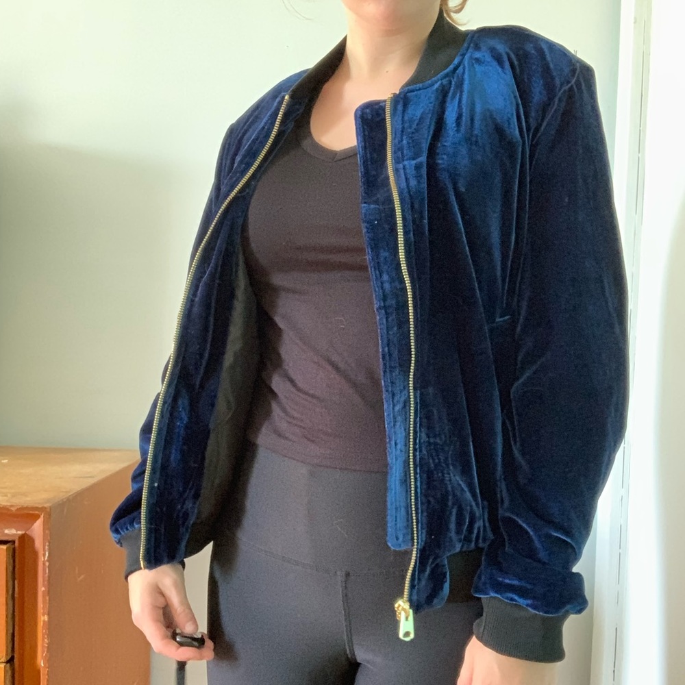 Blue velvet bomber jacket